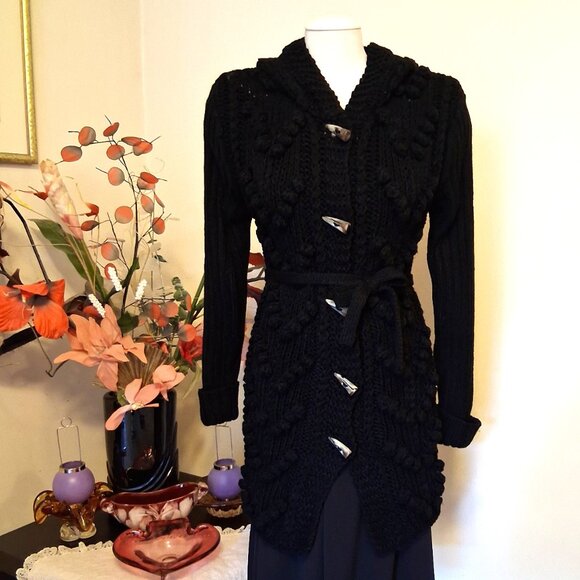 NWT Woman's Black Hooded Cardigan Coat Knit Lightweight Warm & Elegant Outerwear - Picture 6 of 10
